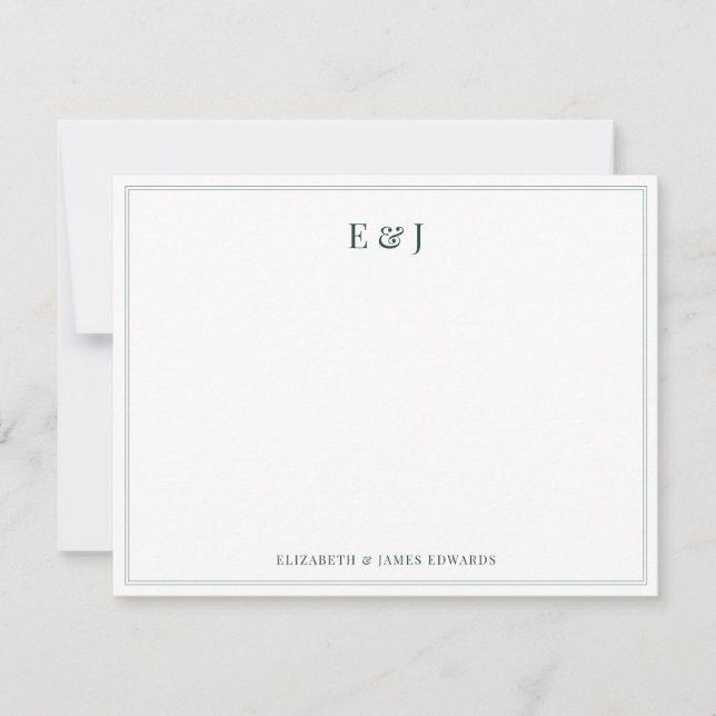 Emerald Green Border Elegant Couple Initials Anteckningskort (Framsida)