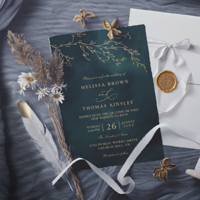 Emerald Green Botanical Elegant QR Code Wedding Inbjudningar (Skapare uppladdad)