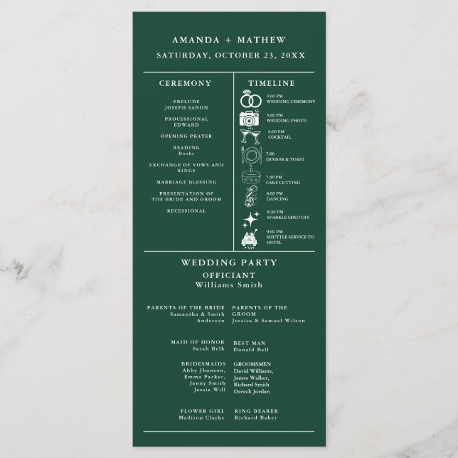 Emerald Green Bröllopsinfografiskt Program (Framsida)