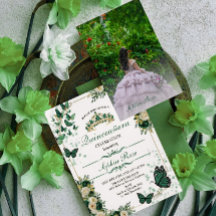 Emerald Green Butterfly Quinceañera Photo Invite