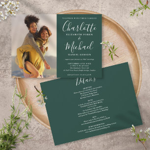 Emerald Green Chic Script Foto Bröllop Allt-i-ett Inbjudningar