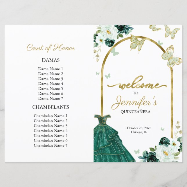 Emerald Green Dress Floral Quinceanera Programs (Framsida)