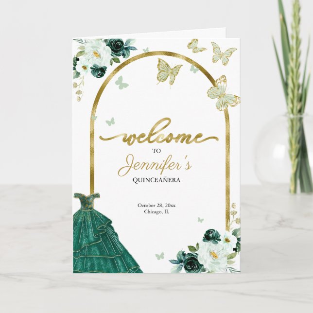 Emerald Green Dress Floral Quinceanera Programs Program (Framsida)