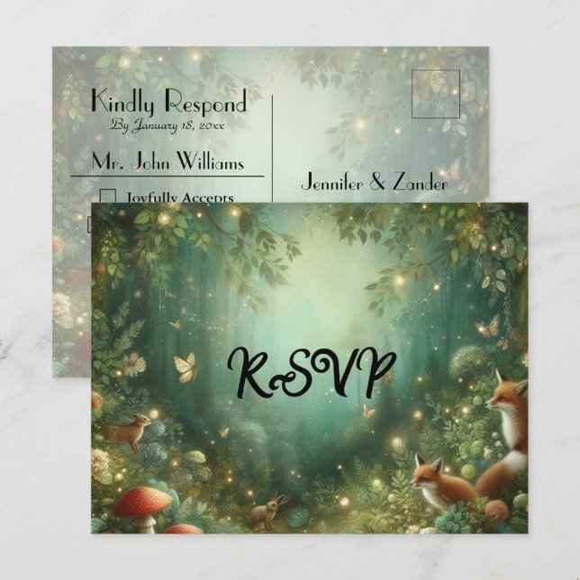Emerald Green Enchanted Forest Wedding RSVP Inbjudan Vykort (Fram/baksida)