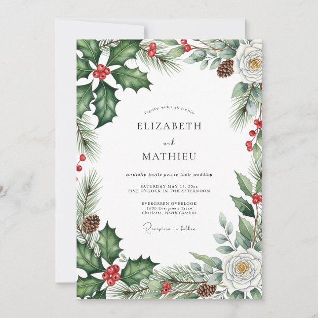 Emerald Green Evergreen Winter Wedding Inbjudningar (Framsida)