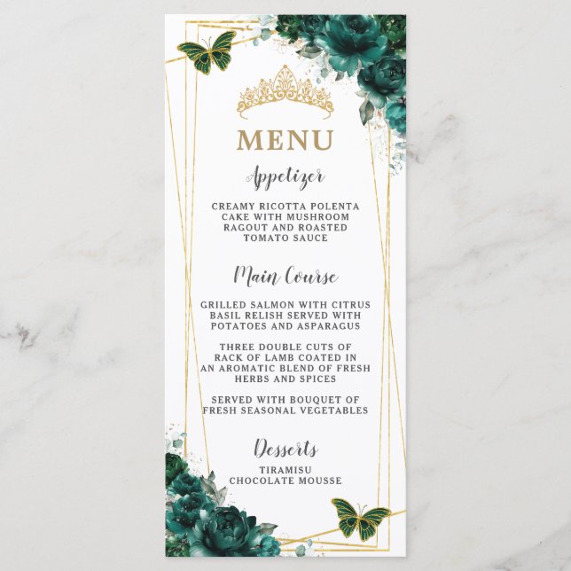 Emerald Green Floral Butterflies Quinceanera Menu Program (Framsida)