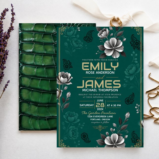 Emerald Green Floral Elegant Sage Gold Botanical Inbjudningar (Skapare uppladdad)