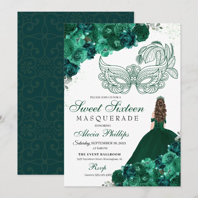 Emerald Green Floral Masquerade Sweet 16 Invitatio Inbjudningar (Fram/baksida)