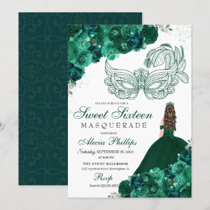 Emerald Green Floral Masquerade Sweet 16 Invitatio Inbjudningar