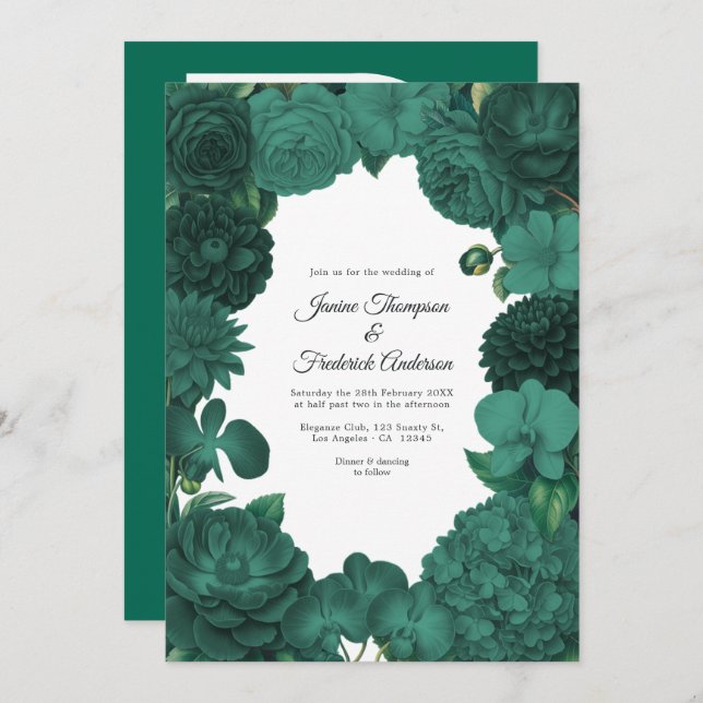 Emerald Green Floral Photo and QR Code Wedding Inbjudningar (Fram/baksida)