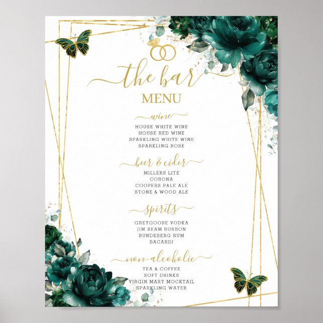 Emerald Green Floral Wedding Bar Cocktail Menu Poster (Framsidan)