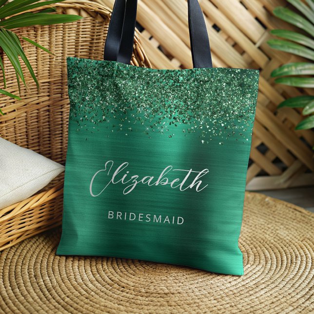 Emerald Green Glam Metallic Script Bridesmaid Tygkasse (Skapare uppladdad)