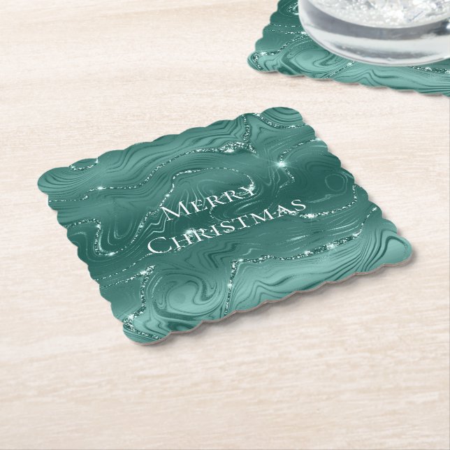 Emerald Green Glitzy Marble Christmas Underlägg Papper (Vinklad)