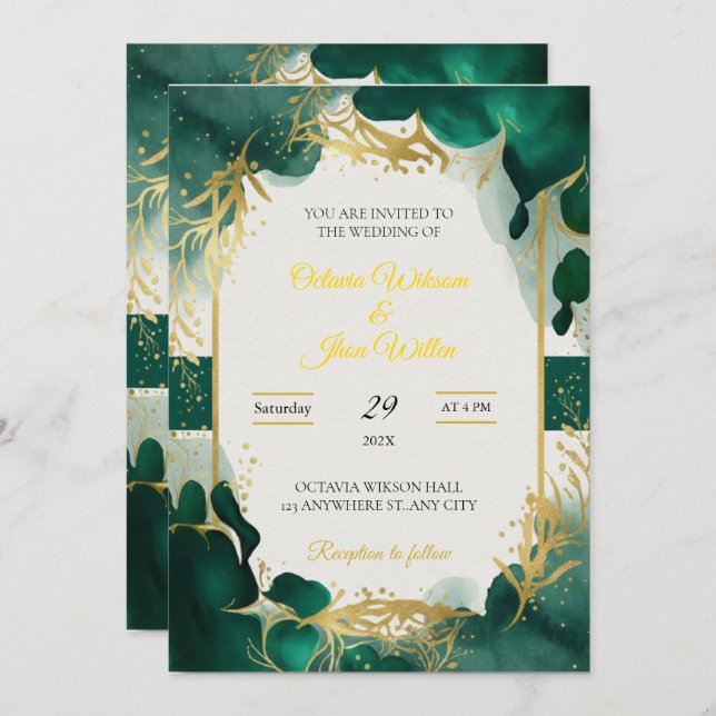 Emerald Green & Gold Elegant Wedding Invitation Inbjudningar (Fram/baksida)
