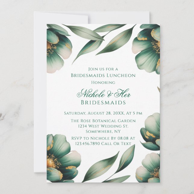 Emerald Green & Gold Floral Bridesmaids Luncheon Inbjudningar (Framsida)