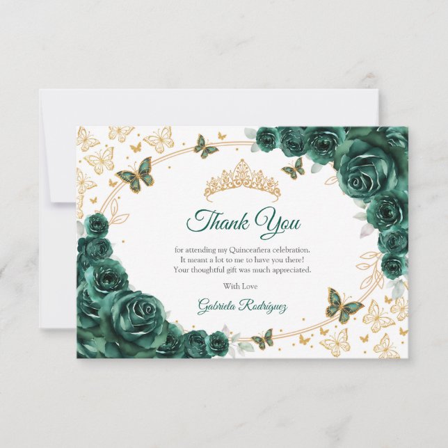 Emerald Green Gold Floral Quinceanera Tack Kort (Framsida)