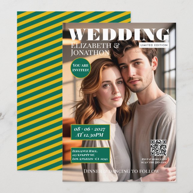 Emerald Green & Gold Magazine Bröllopsfoto Inbjudningar (Fram/baksida)