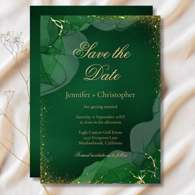 Emerald Green Gold Marble Wedding Save The Date Inbjudningar (Emerald Green Gold Marble Wedding Save The Date Invitation)