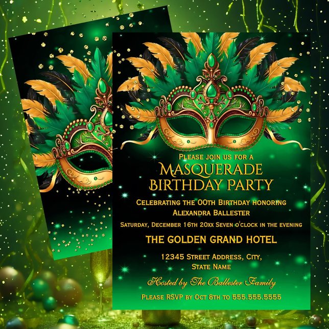 Emerald Green Gold Masks Masquerade Birthday Party Inbjudningar (Skapare uppladdad)