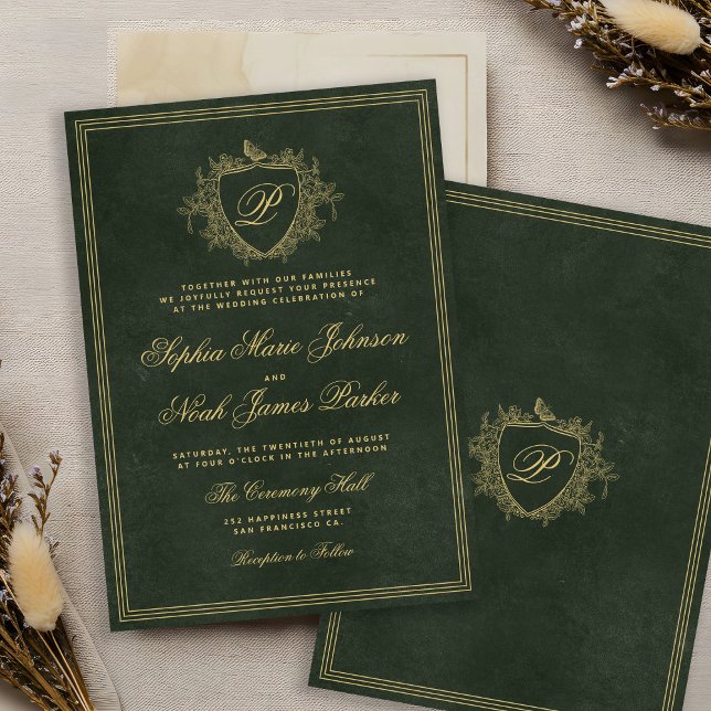 Emerald green gold monogram wedding inbjudningar (Skapare uppladdad)