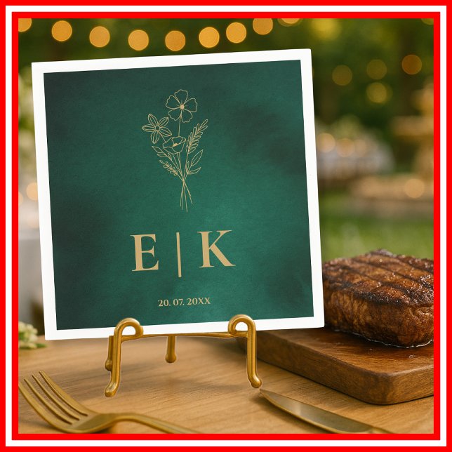 Emerald Green & Gold Monogram Wildflower Wedding Pappersservett (Skapare uppladdad)