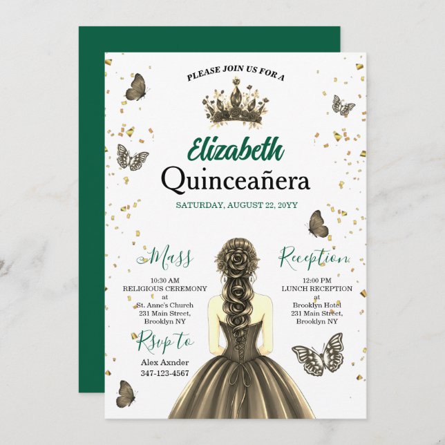 Emerald Green Gold Quinceañera Invitation Inbjudningar (Fram/baksida)