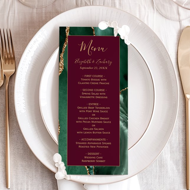 Emerald Green Gold Script Burgundy Wedding Menu Meny (Skapare uppladdad)
