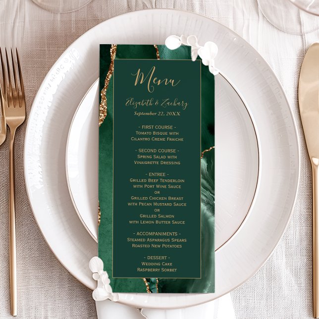 Emerald Green Gold Script Wedding Menu Meny (Skapare uppladdad)
