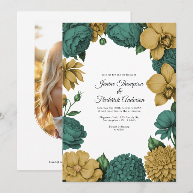 Emerald Green & Gold Watercolor Floral Wedding Inbjudningar (Fram/baksida)