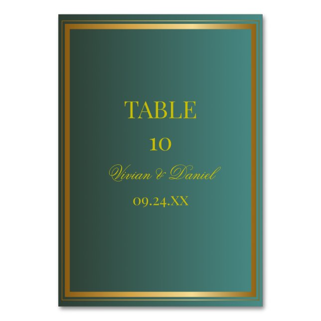 Emerald Green & Gold Wedding Table Number Card Bordsnummer (Framsidan)
