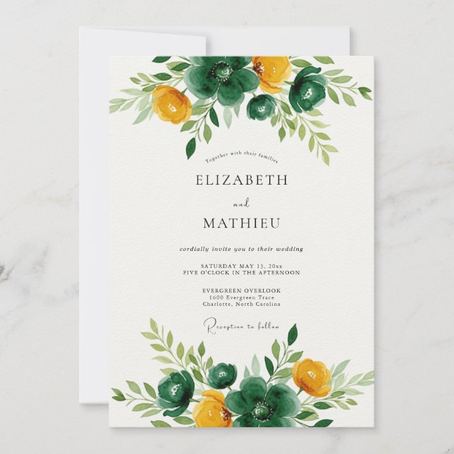 Emerald Green Golden Botanical Wedding Inbjudningar (Framsida)