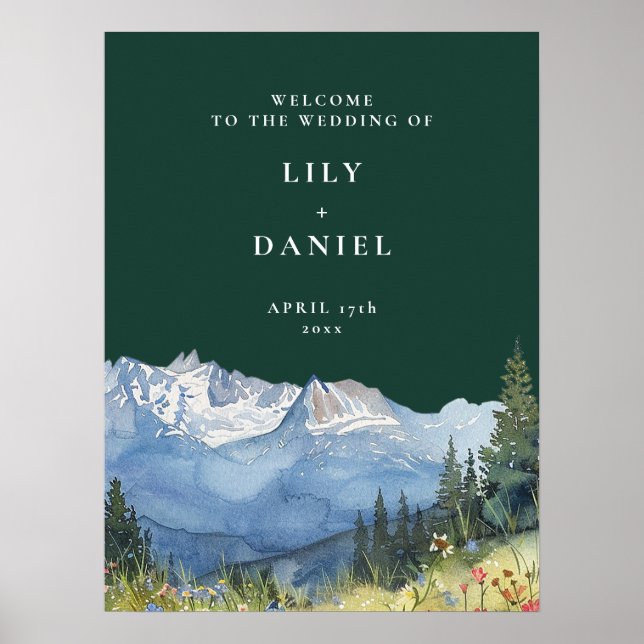 Emerald Green Mountain Floral Wedding Welcome Sign Poster (Framsidan)