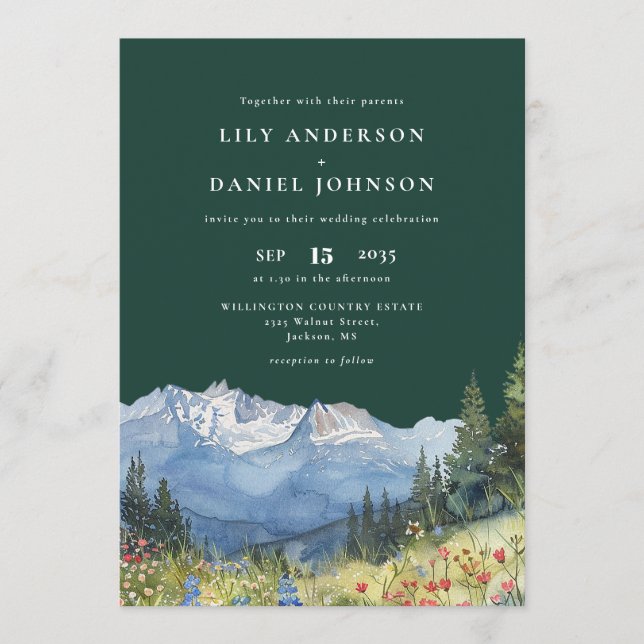 Emerald Green Mountain Wildflower Floral Wedding Inbjudningar (Framsida)