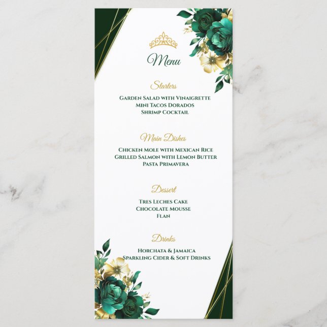Emerald Green och Guld Quinceñera Bord meny (Framsida)