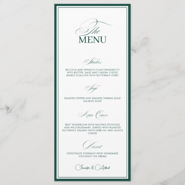 Emerald Green Old Money Wedding Dinner Menu Card Meny (Framsida)