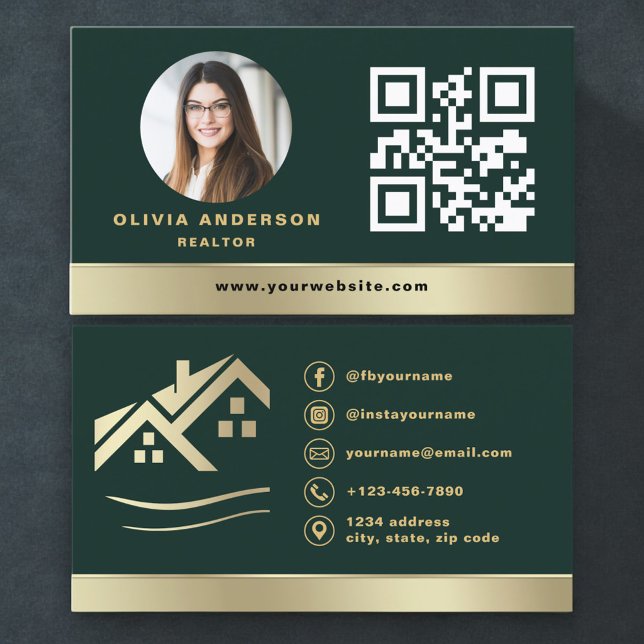 Emerald Green QR Code Gold House Real Estate Visitkort (Skapare uppladdad)