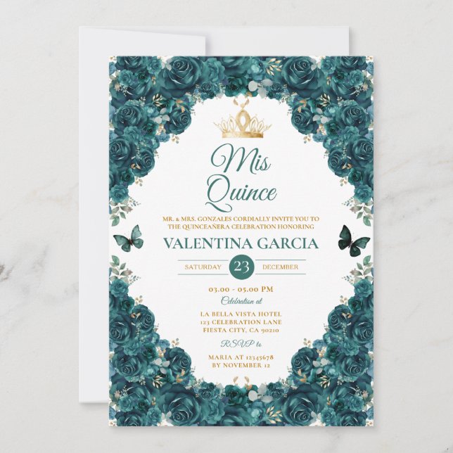 Emerald Green Quinceañera 15 Anos Floral Crown Inbjudningar (Framsida)