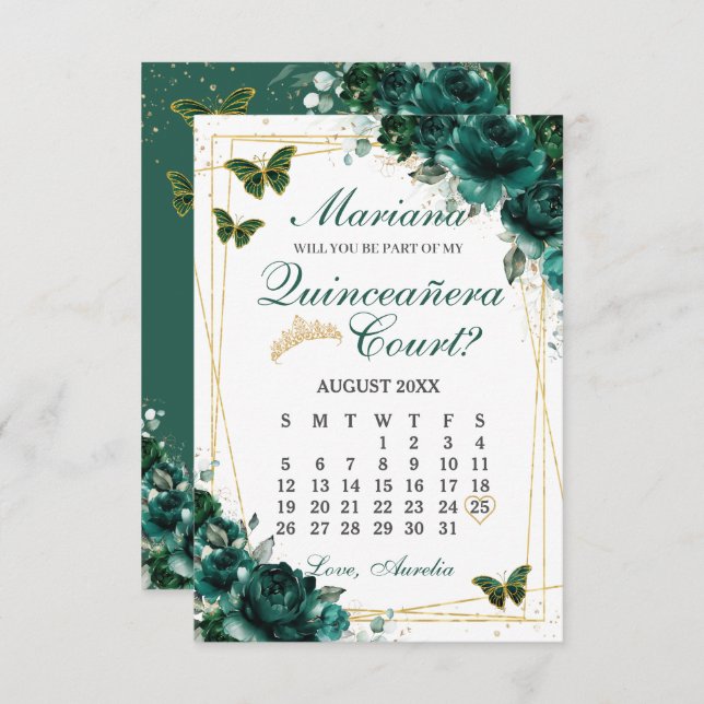 Emerald Green Quinceanera Court Proposal Card OSA Kort (Fram/baksida)
