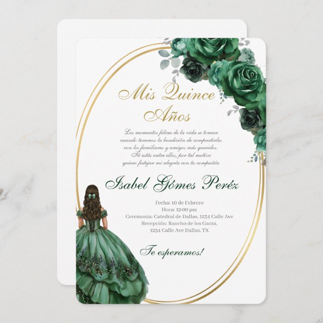 Emerald Green Quinceanera invitation in Spanish Inbjudningar (Fram/baksida)