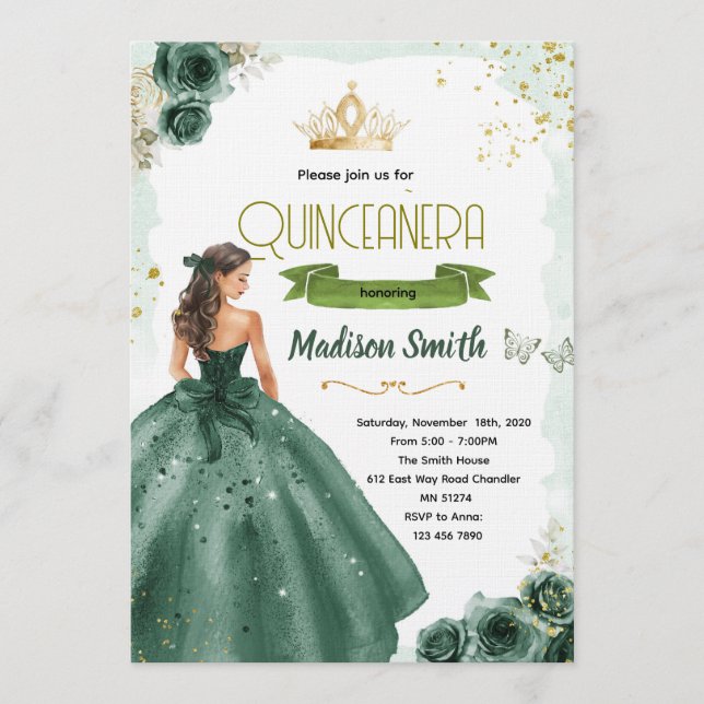 Emerald green quinceañera invitation  inbjudningar (Framsida)