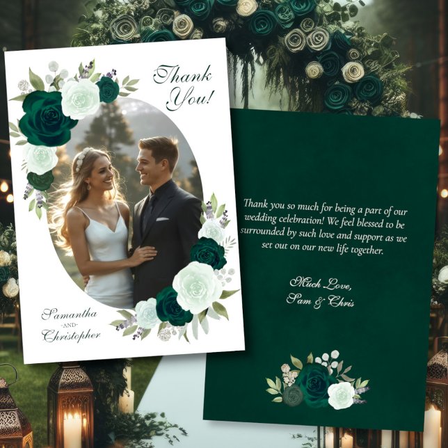Emerald Green Roses Oval Photo Elegant Wedding Tack Kort (Front/Back)