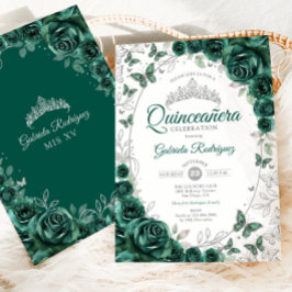 Emerald Green Silver Floral Quinceanera Inbjudningar