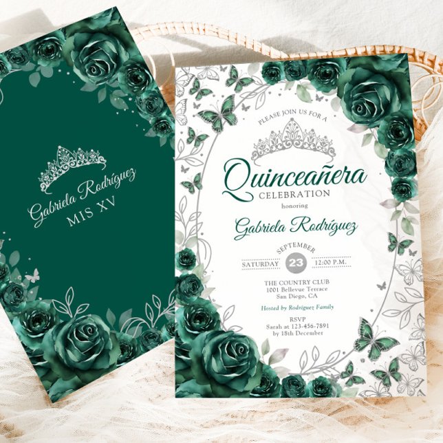 Emerald Green Silver Floral Quinceanera Inbjudningar (Skapare uppladdad)