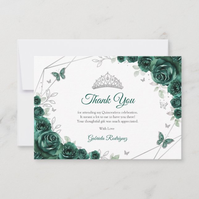 Emerald Green Silver Floral Quinceanera Tack Kort (Framsida)