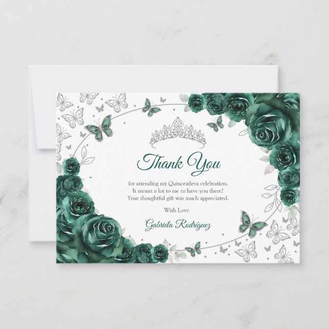 Emerald Green Silver Floral Quinceanera Tack Kort (Framsida)