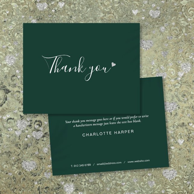 Emerald Green Silver Heart Chic Script Affärsverks Tack Kort (Emerald Green Silver Heart Chic Script Business Thank You Card)
