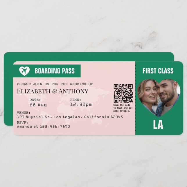 Emerald Green & Soft Blush Boarding Pass Wedding Inbjudningar (Fram/baksida)