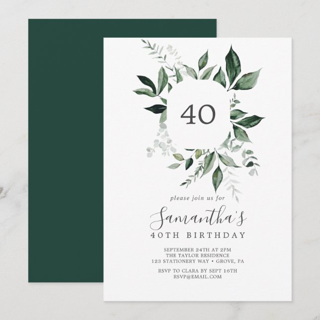 Emerald Greenery 40:e födelsedagen Inbjudningar (Fram/baksida)