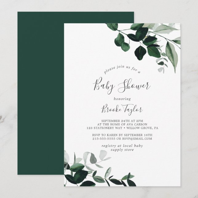 Emerald Greenery Baby Shower Inbjudningar (Fram/baksida)