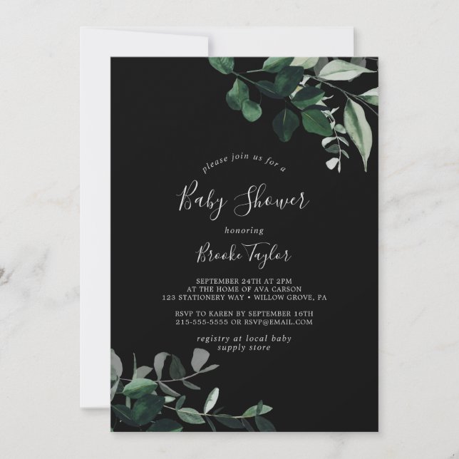Emerald Greenery | Black Baby Shower Inbjudningar (Framsida)